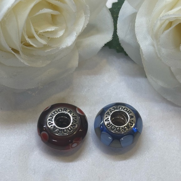 Pandora Retired Floral Red and Geometric Blue Charm Set - Picture 3 of 3